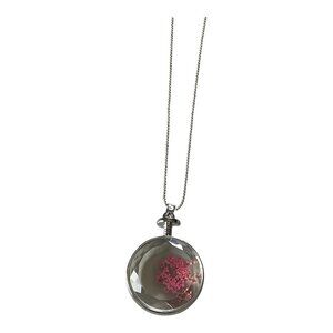 Real Dried Pink Flower Pendant Necklace W/ Clear Resin & White Gold Plated Chain